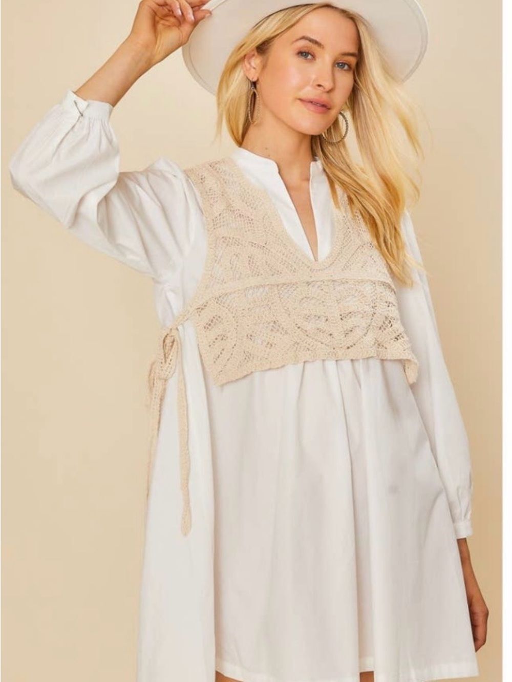 ANNIEWEAR Cream Crochet Vest Shirt Dress Coastal Cowgirl
